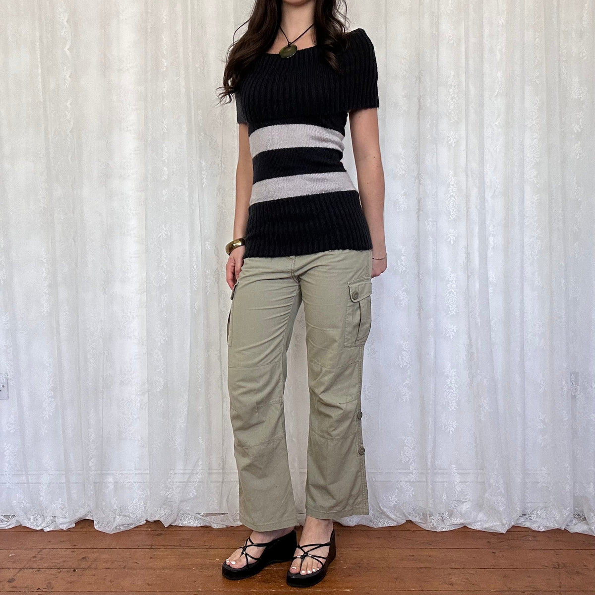 vintage 00s black and grey striped off shoulder jumper
