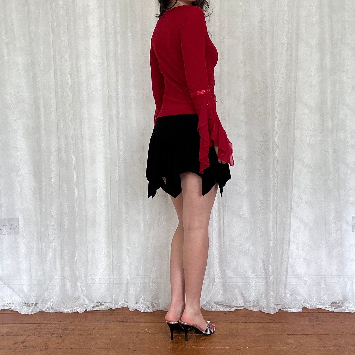 vintage 00s red asymmetrical flared sleeve top