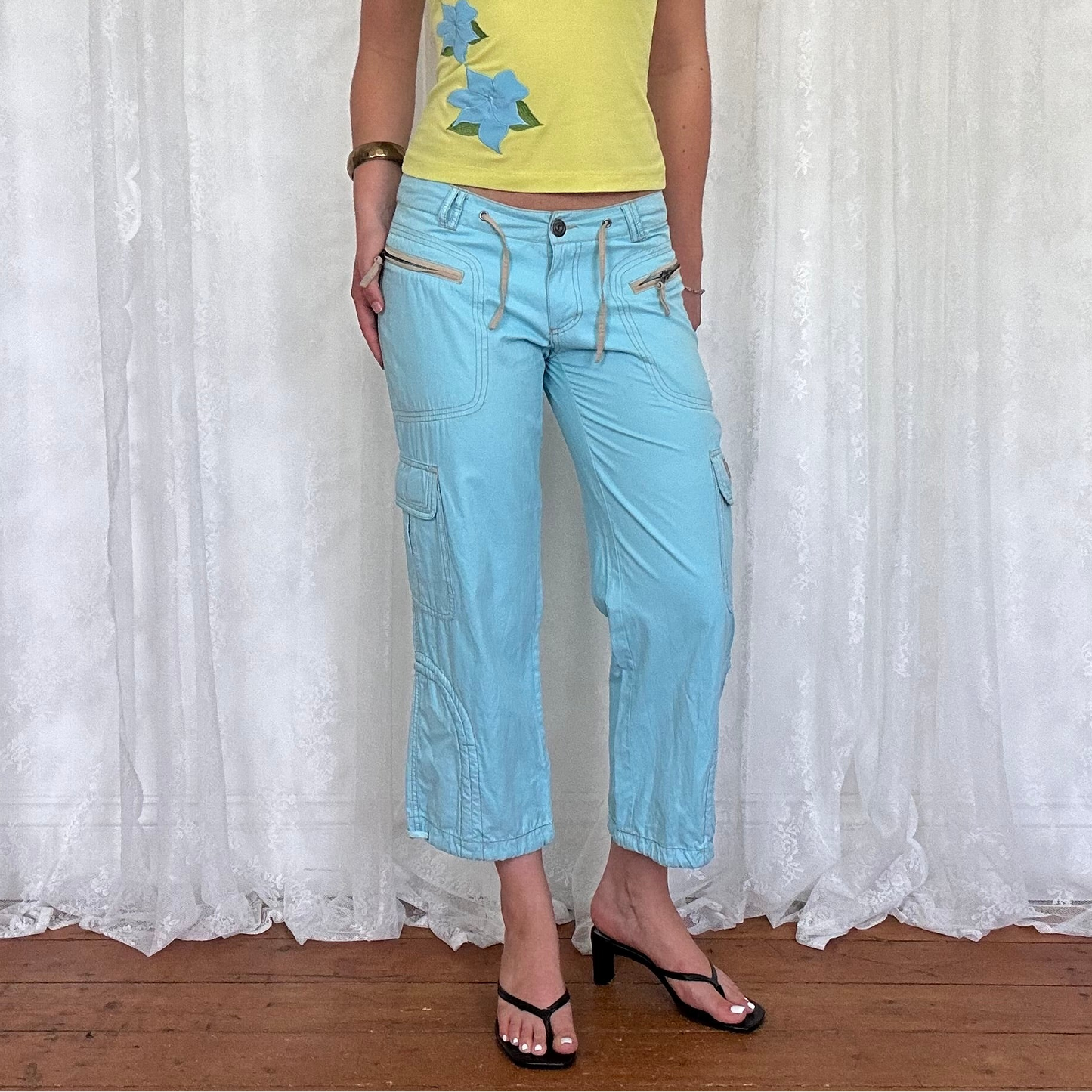 vintage 00s teal blue cropped cargo capris