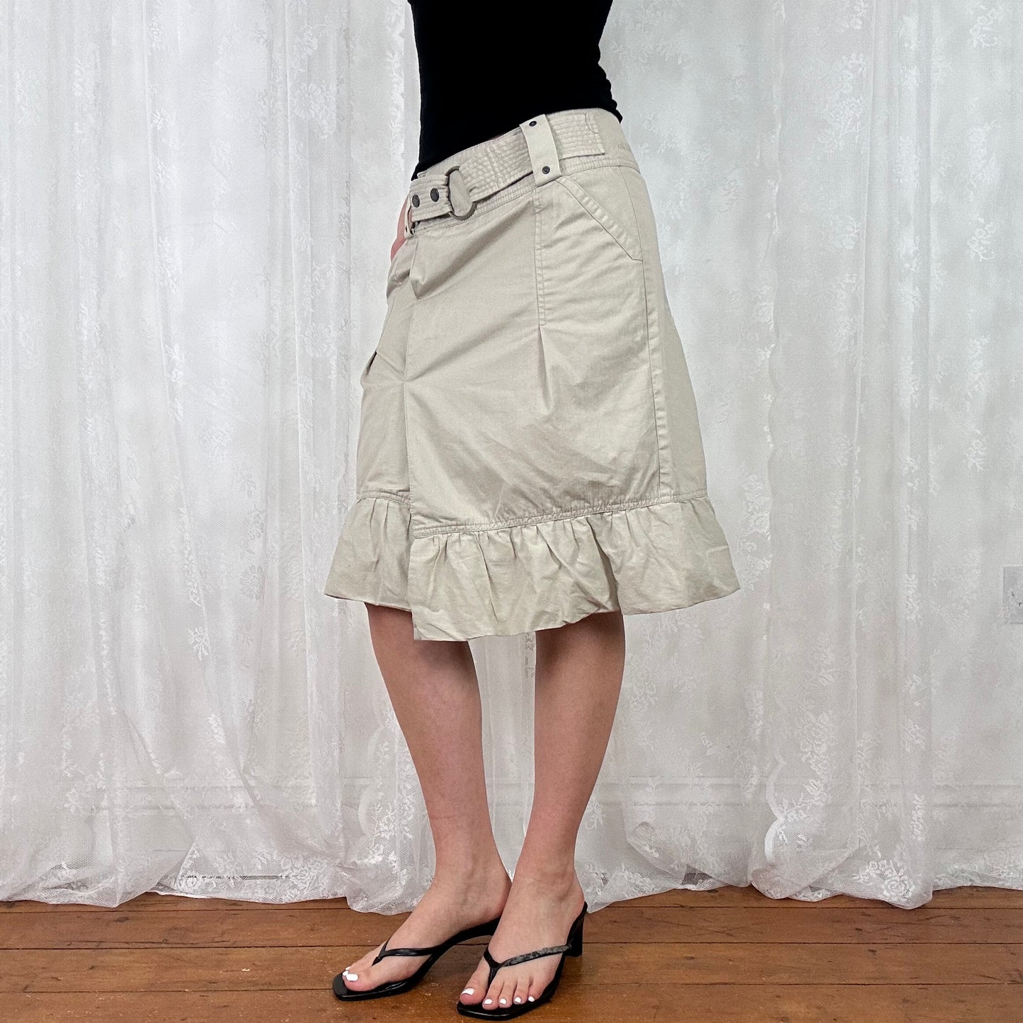 vintage 00s beige cargo midi skirt