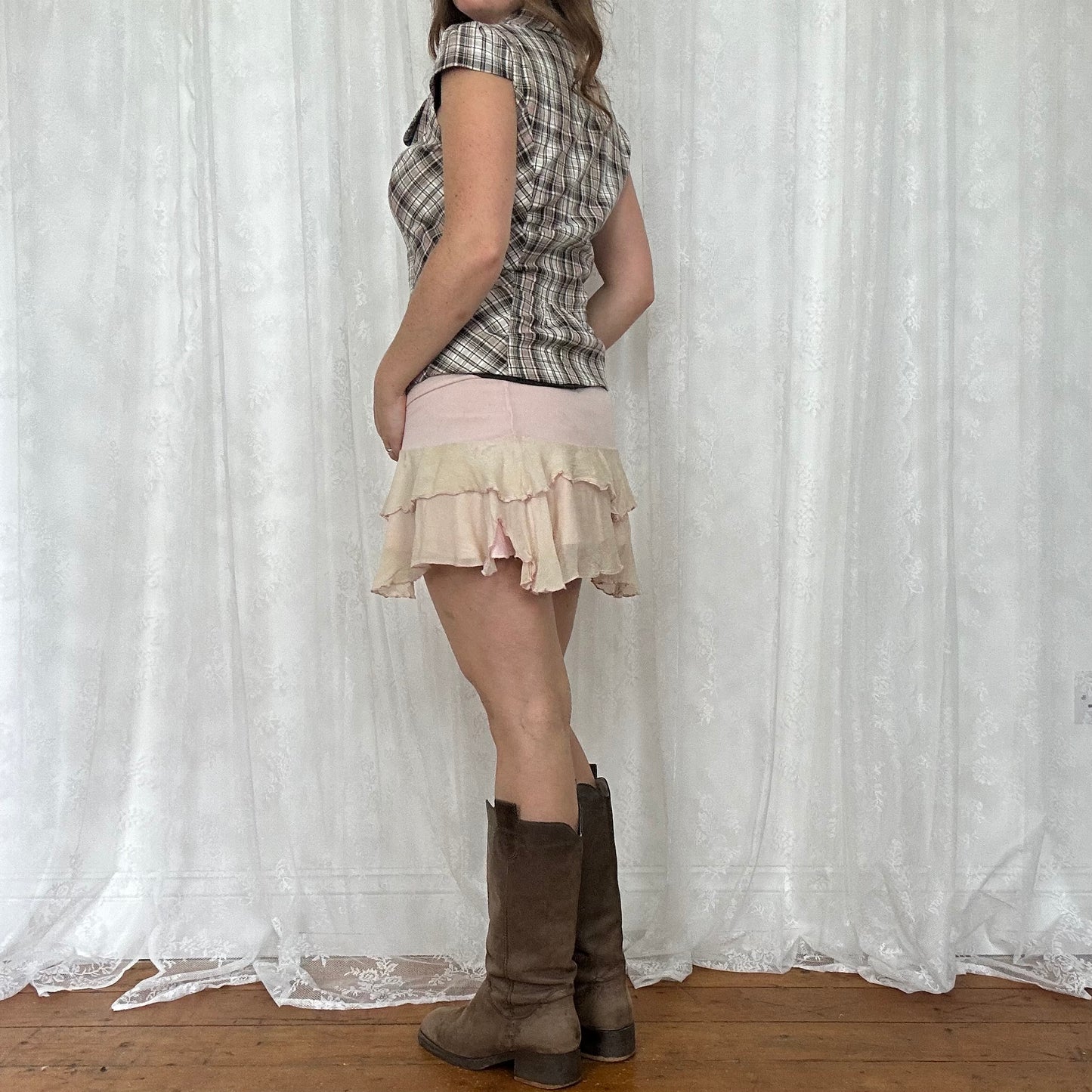 vintage 00s brown checkered short sleeve peacoat