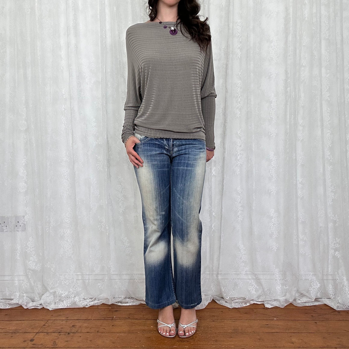 vintage 00s grey brown slouchy batwing top