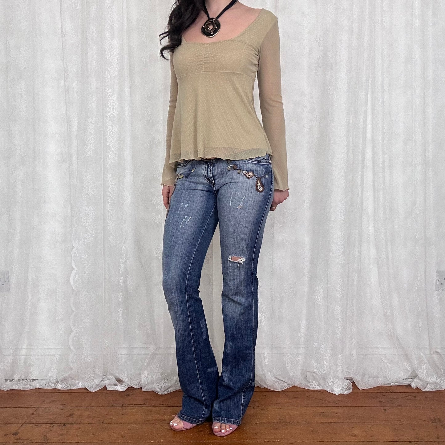 vintage 00s beige mesh babydoll top
