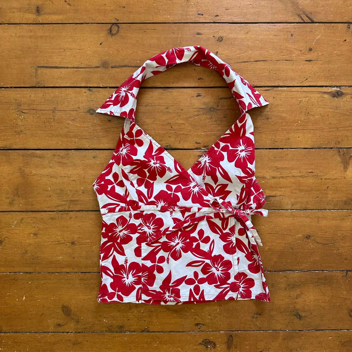 vintage 00s red and white floral wrap halter top