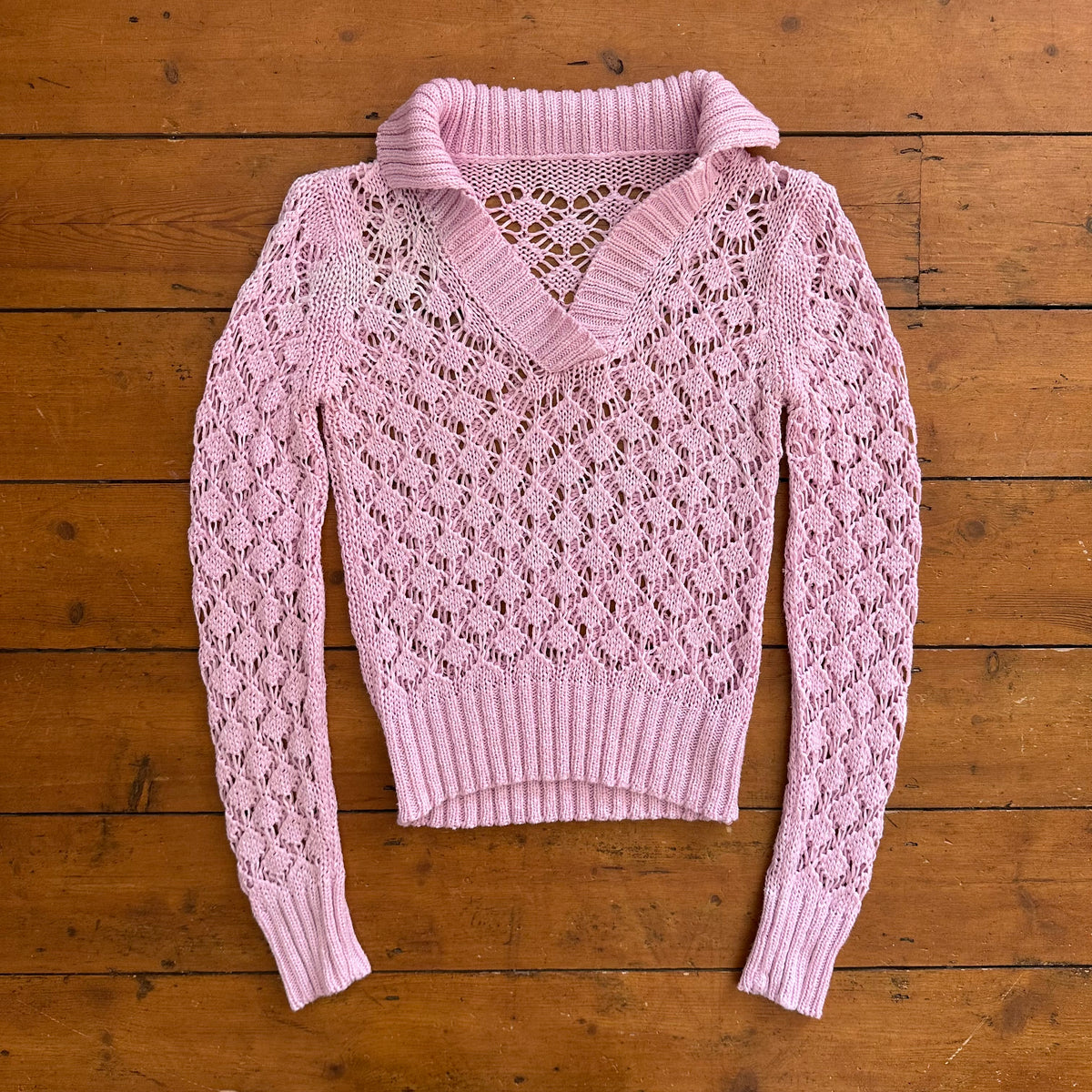 vintage 00s baby pink crochet long sleeve jumper