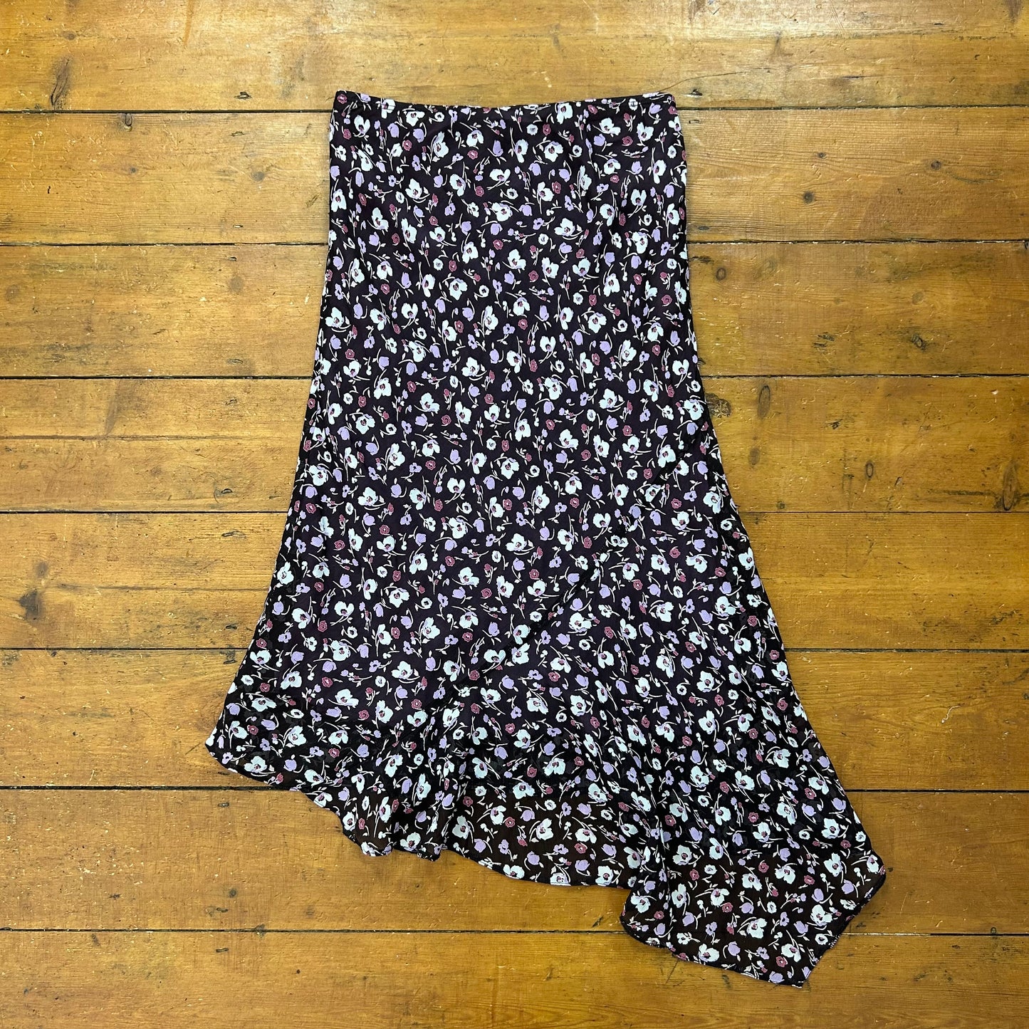 vintage 00s purple floral asymmetrical midi skirt