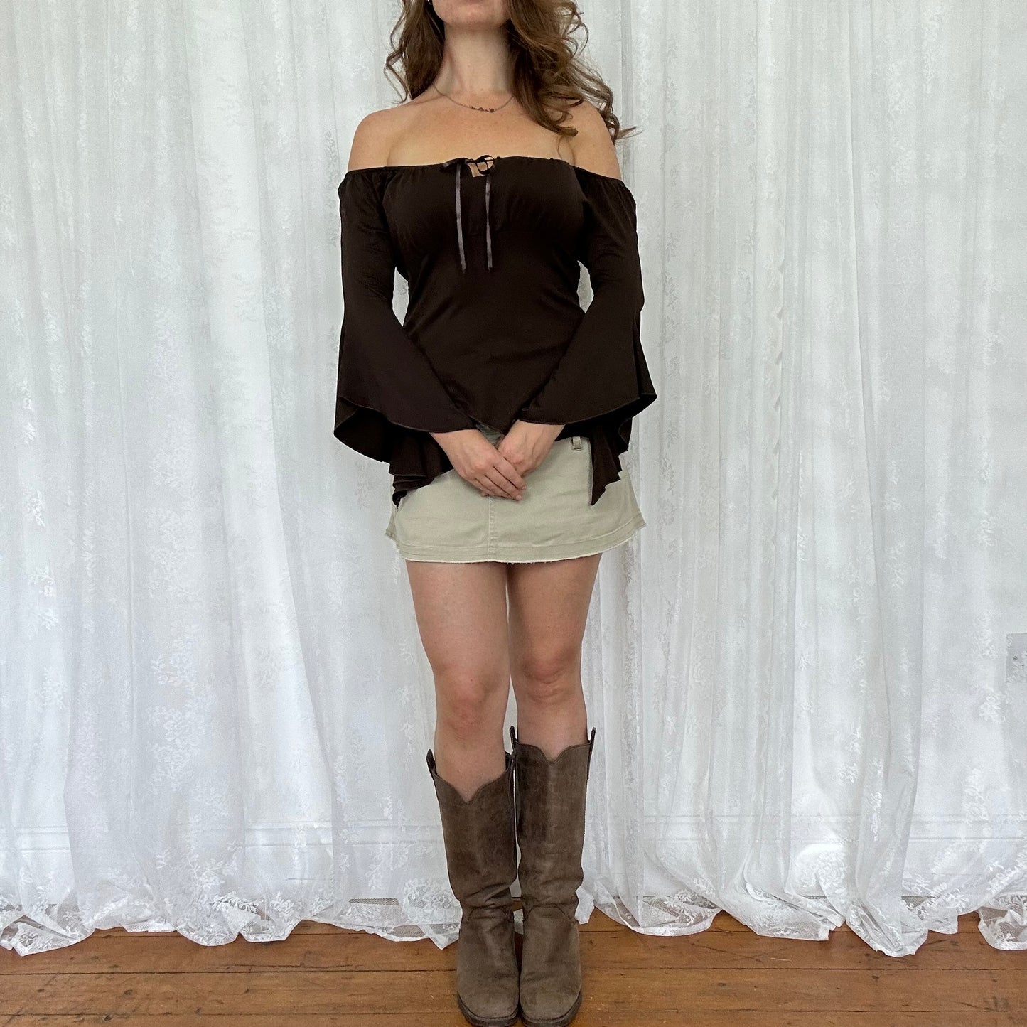 vintage 00s brown flared sleeve milkmaid top