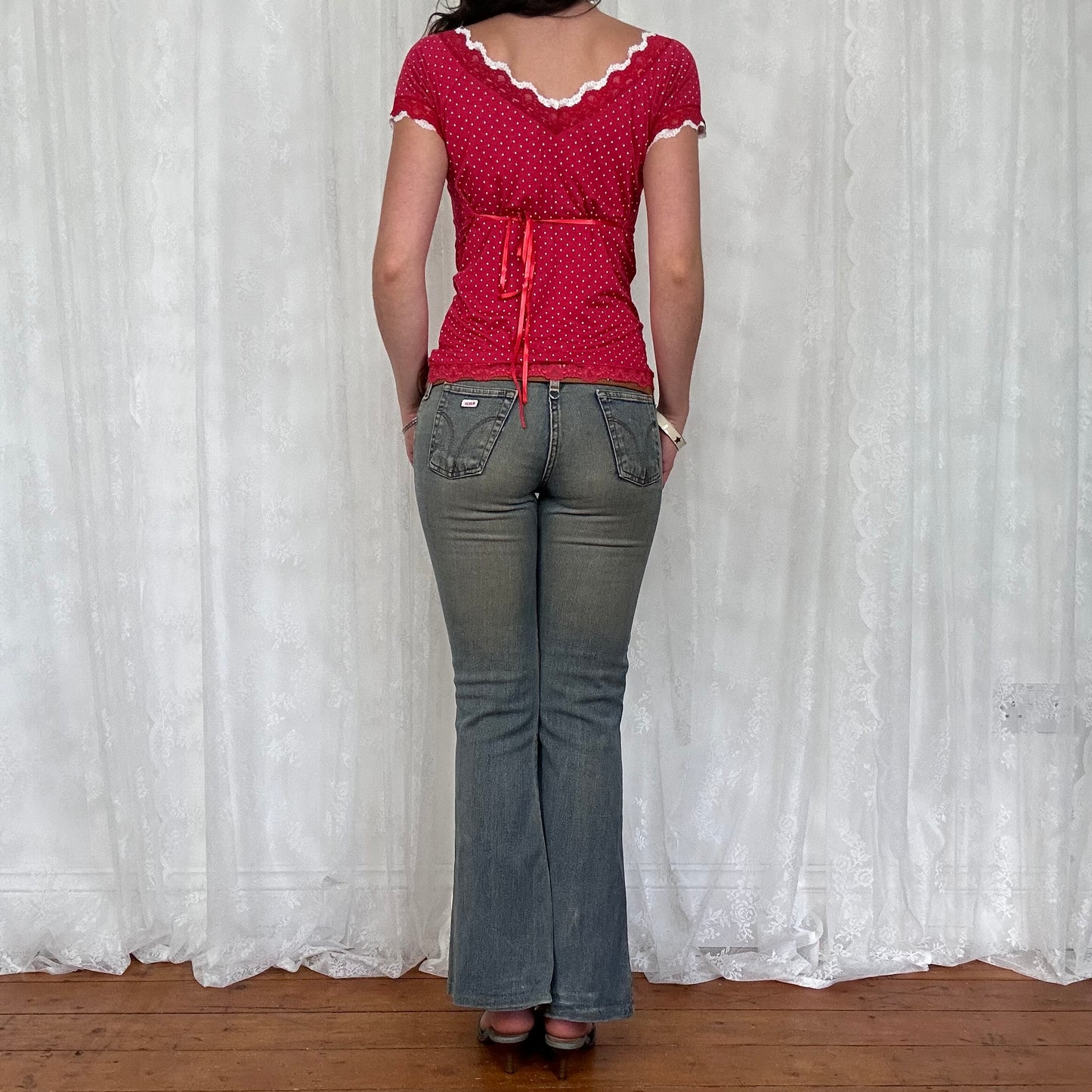 vintage 00s red polka dot lace trim top