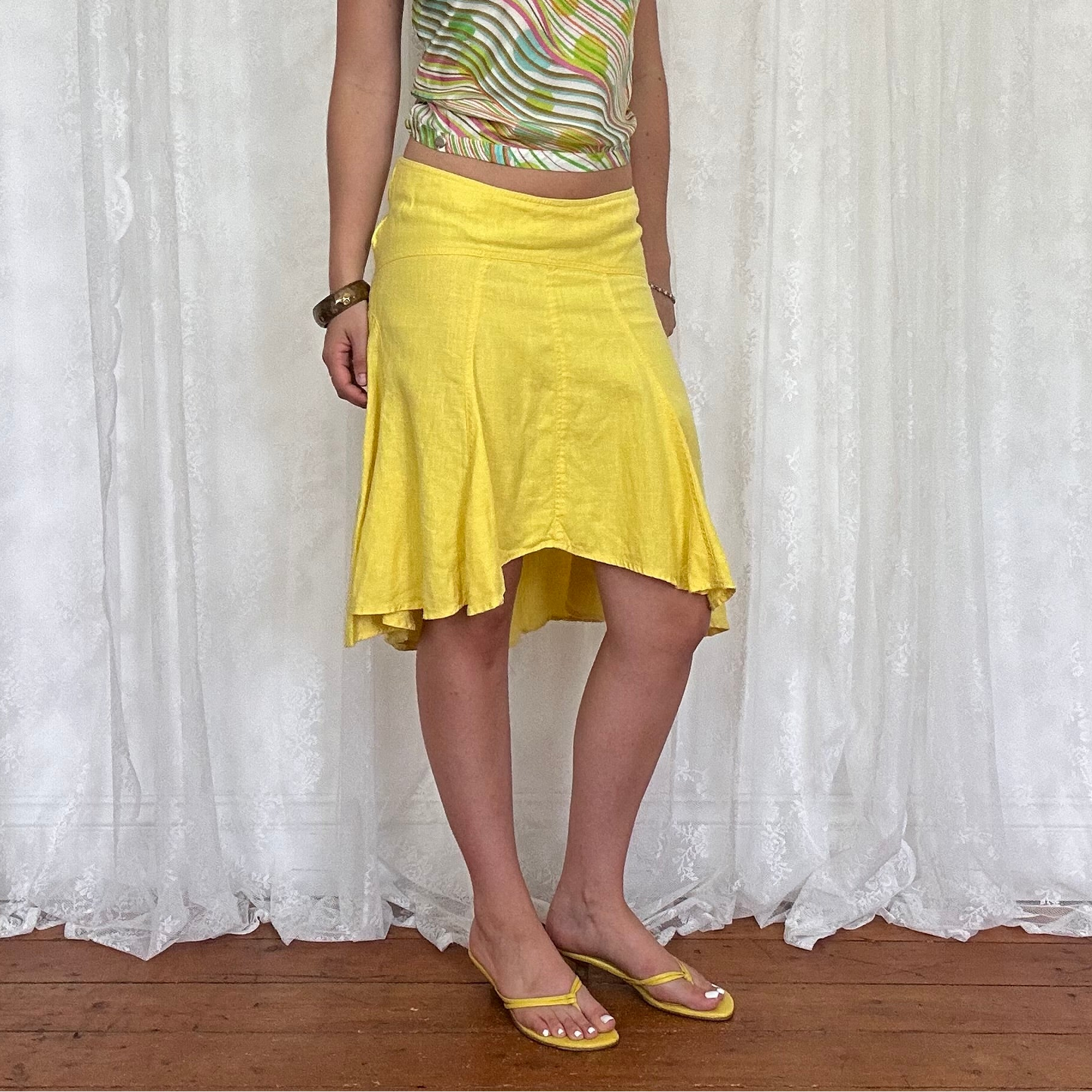 vintage 00s yellow linen ruffle midi skirt