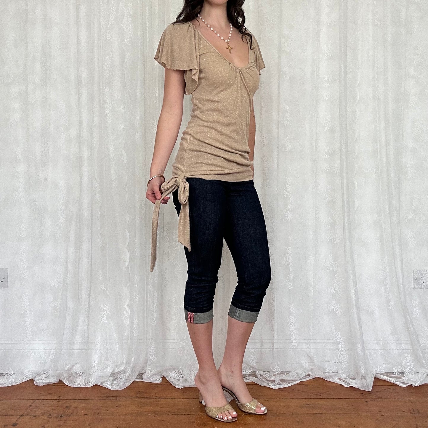 vintage 00s gold shimmery tie waist top