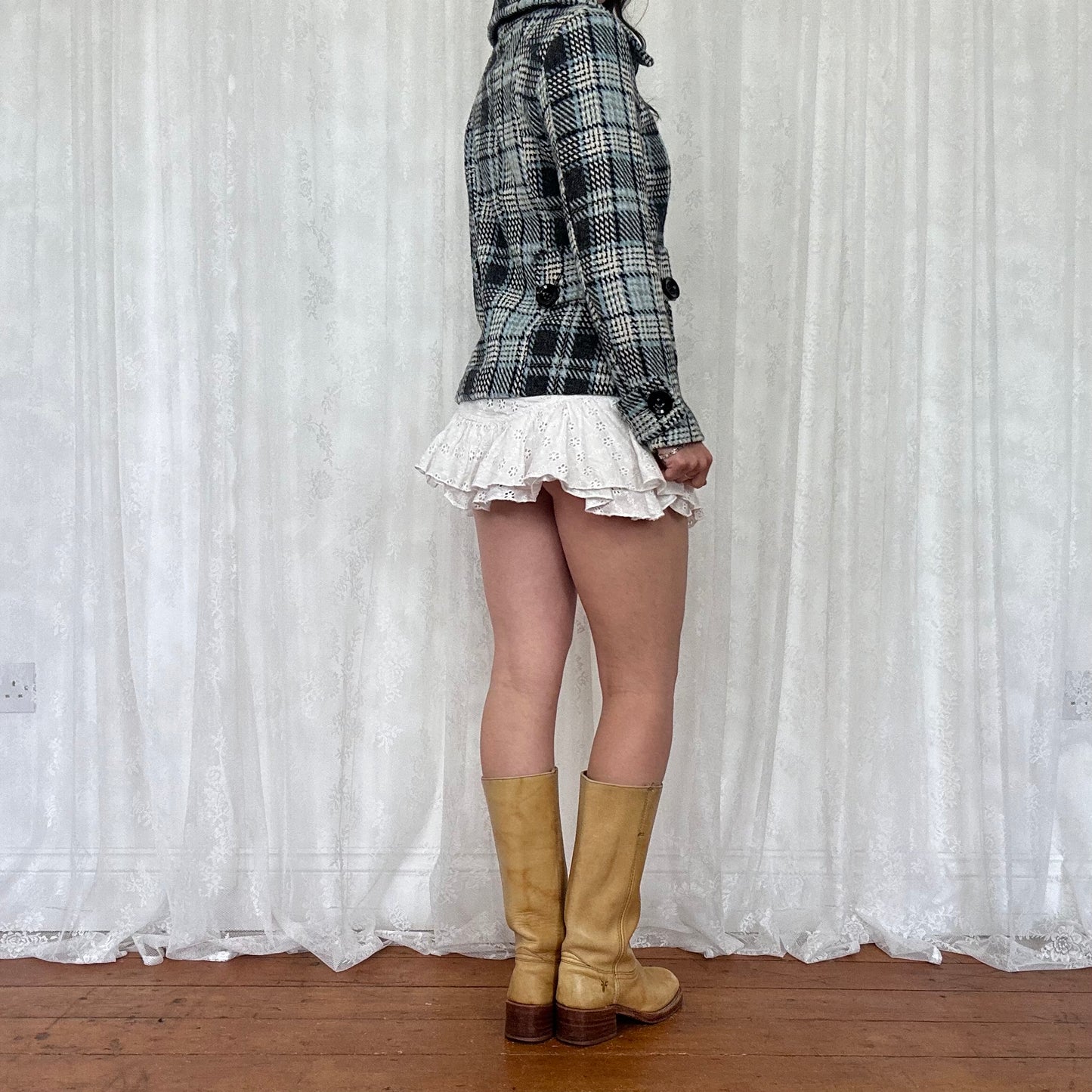vintage 00s blue checkered button up peacoat