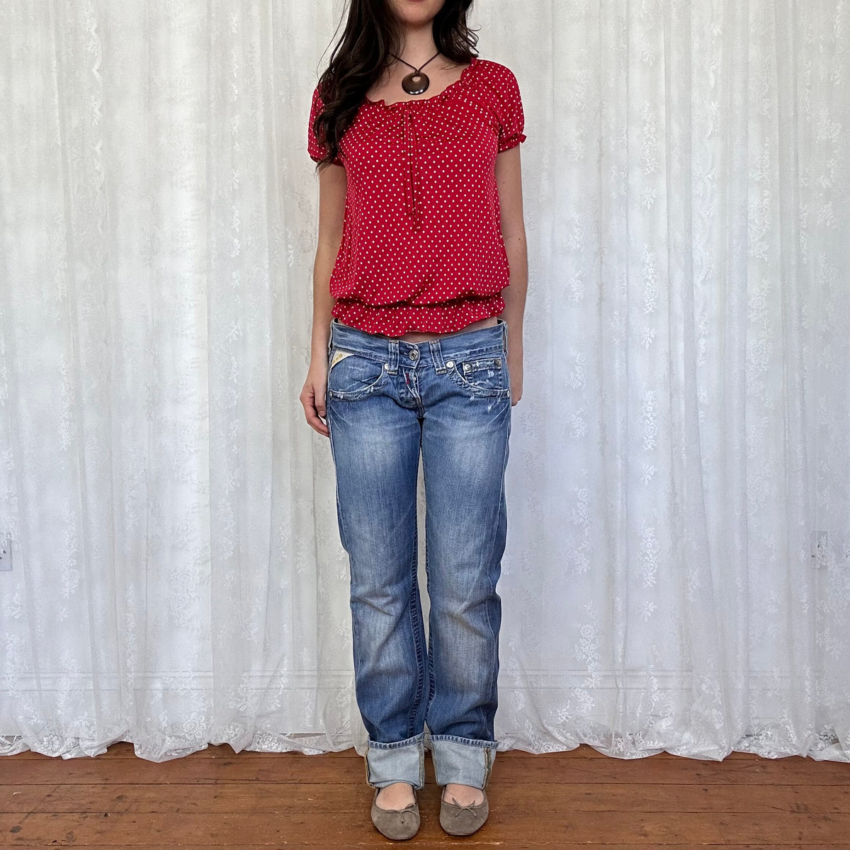 vintage 00s red polka dot milkmaid top