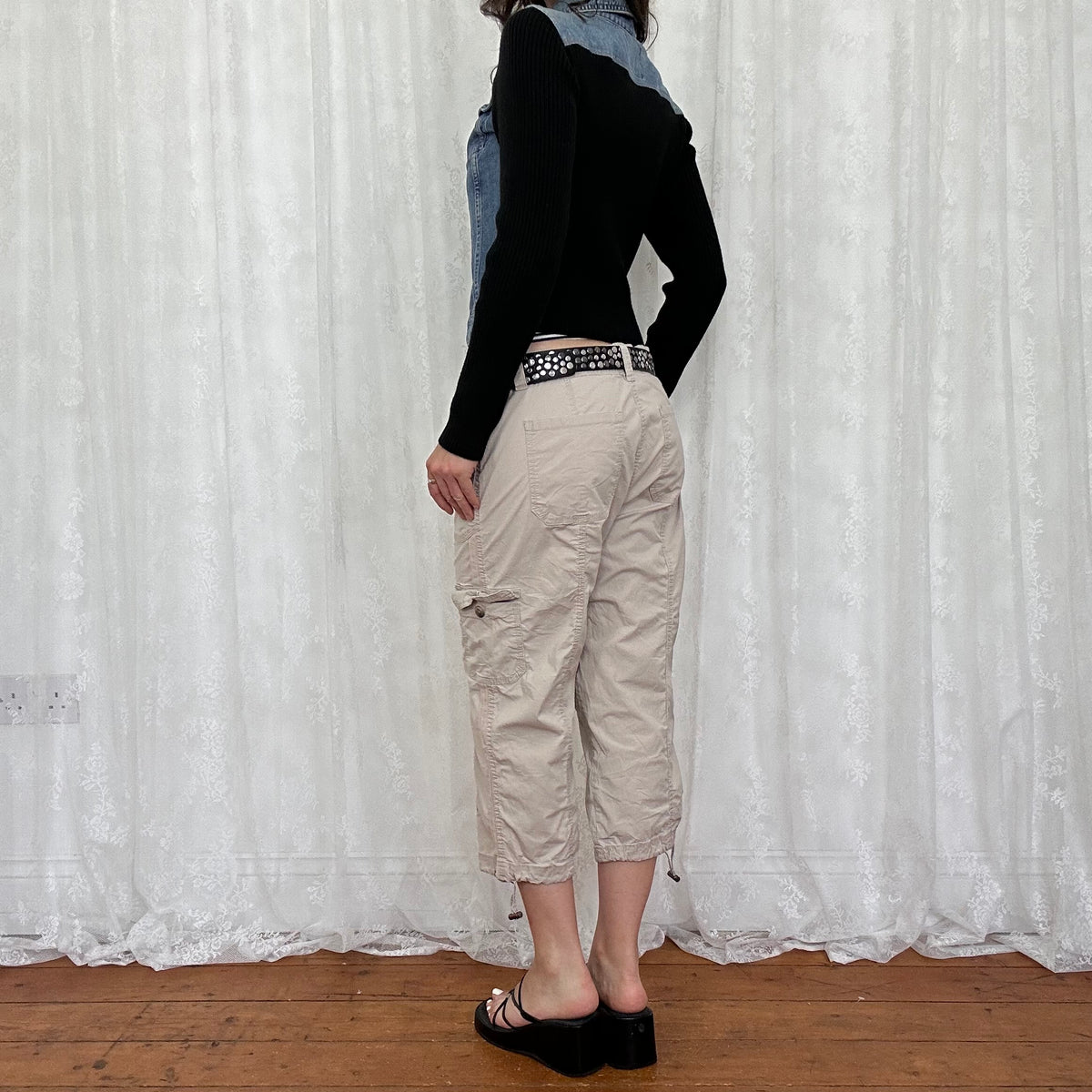 vintage 00s denim and black knitted button up jumper