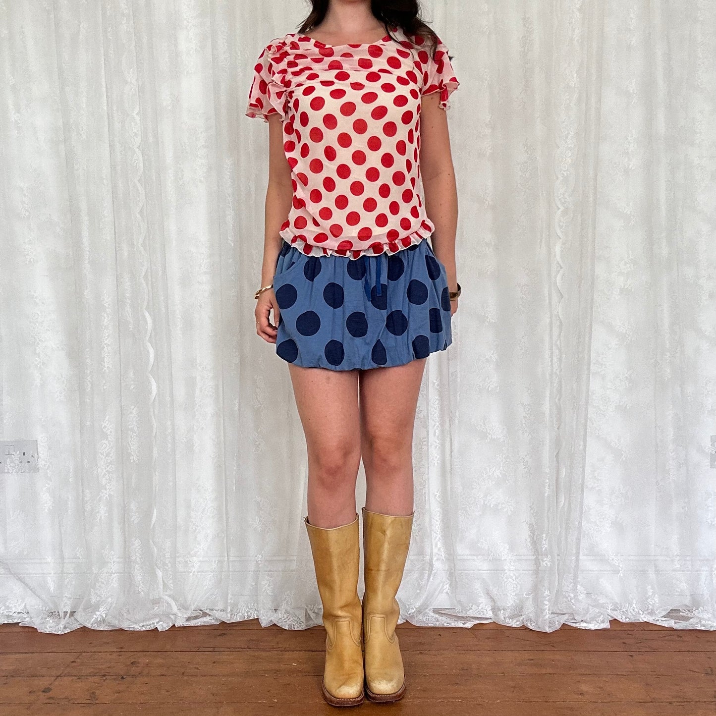 vintage 00s red polka dot ruffle top