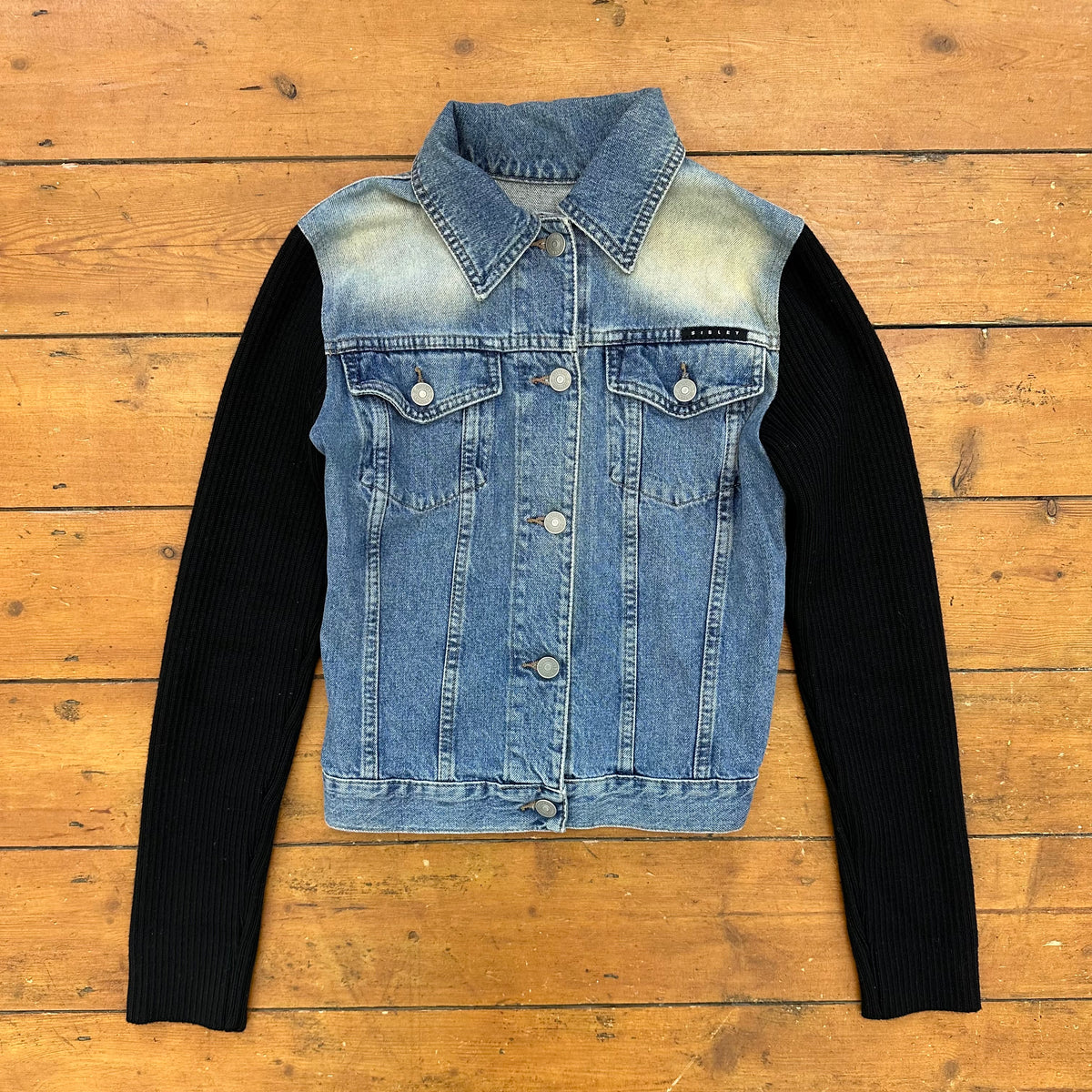 vintage 00s denim and black knitted button up jumper