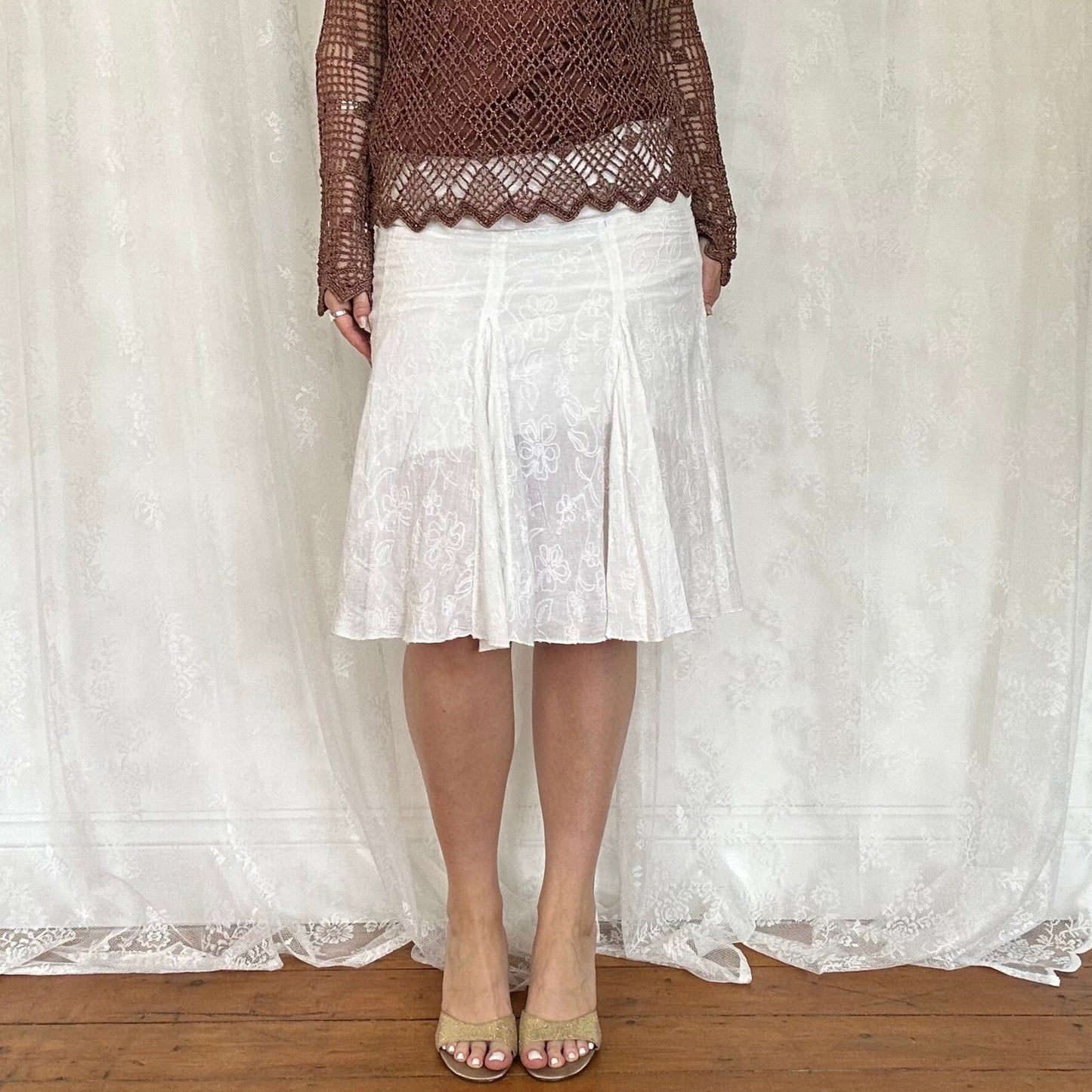 vintage 00s brown crochet long sleeve top with cami underlay