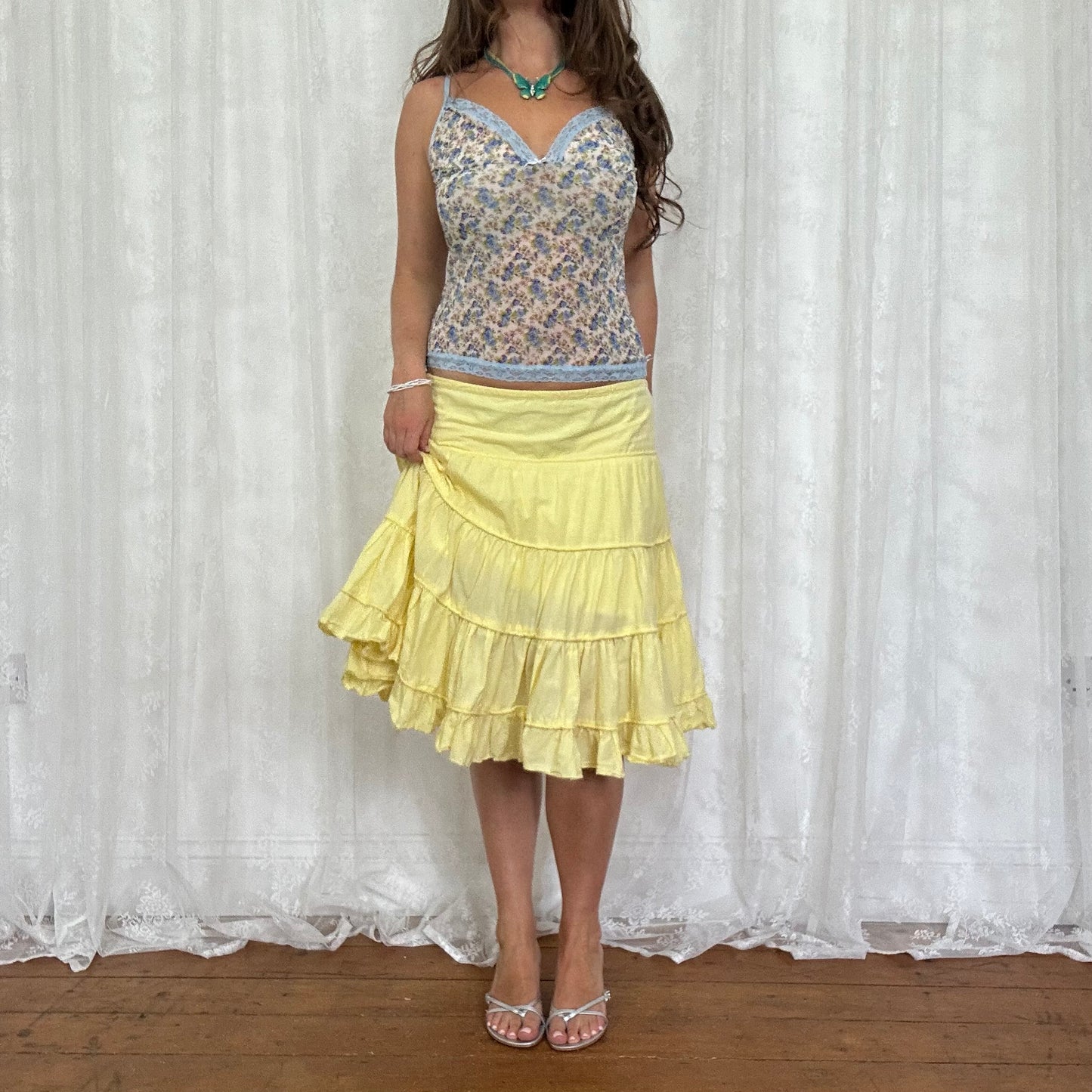 vintage 00s yellow tiered midi skirt