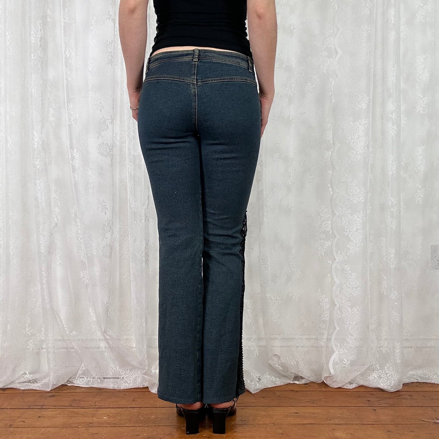 vintage 00s low rise black beaded tassle flared jeans