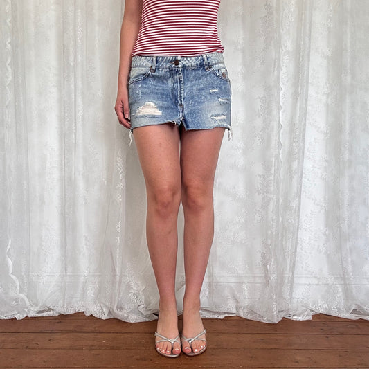 vintage 00s distressed denim mini skirt