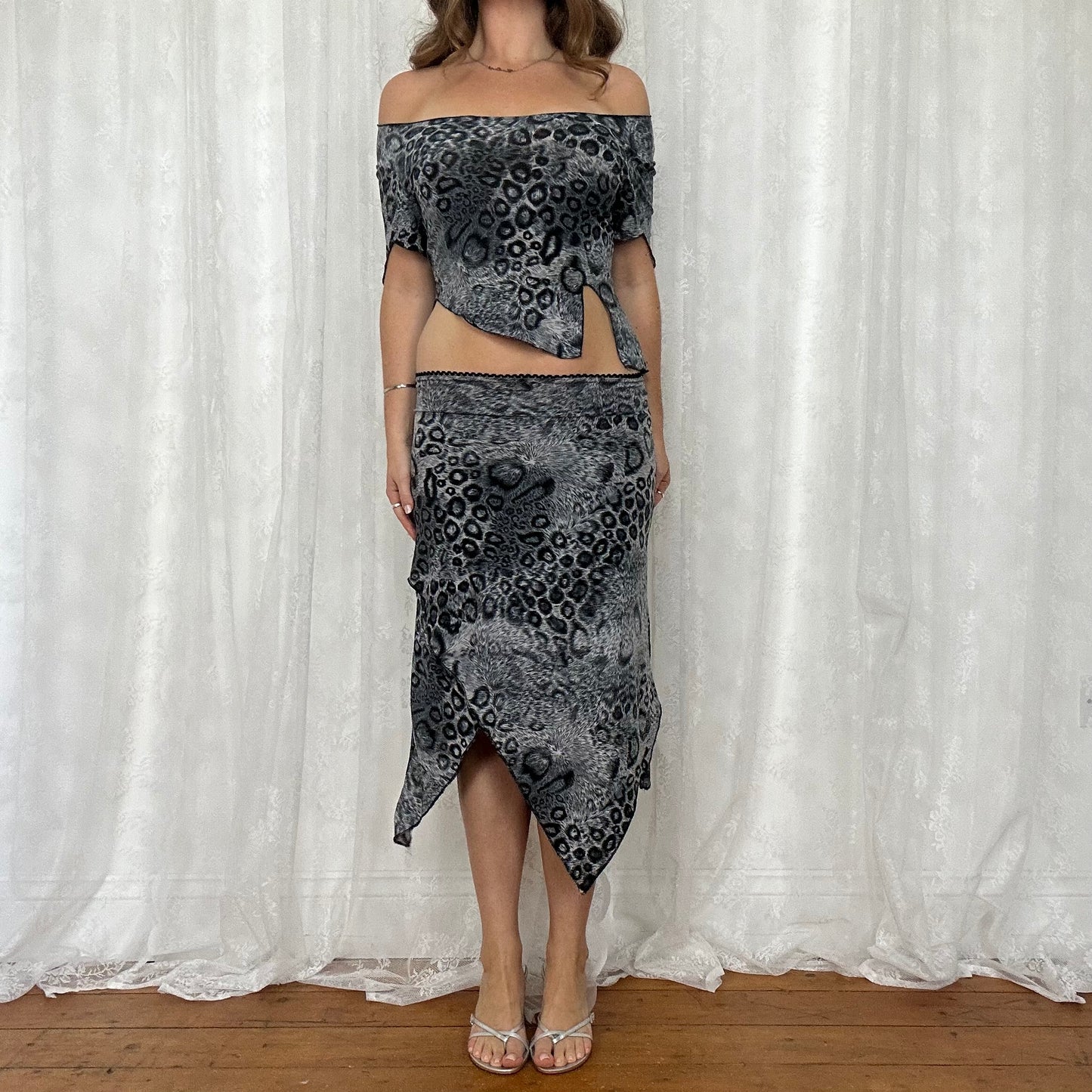vintage 00s grey animal print asymmetrical top and skirt co ord