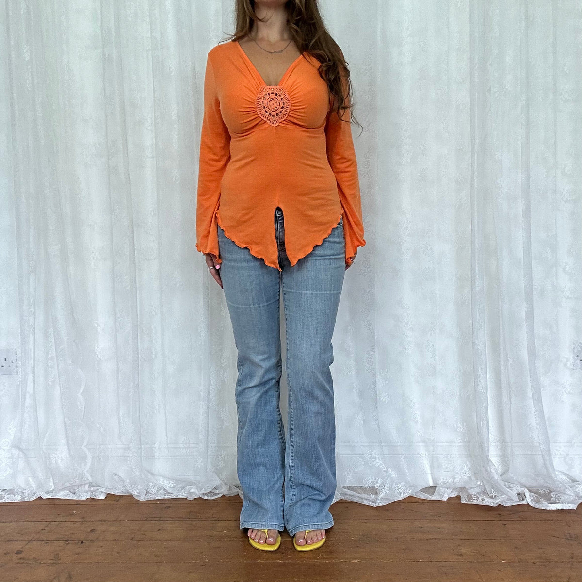 vintage 00s orange long sleeve boho style top