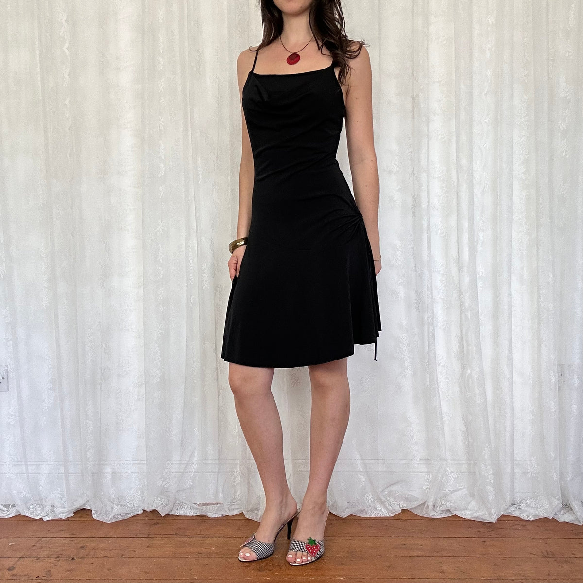 vintage 00s black slinky cowl neck midi dress