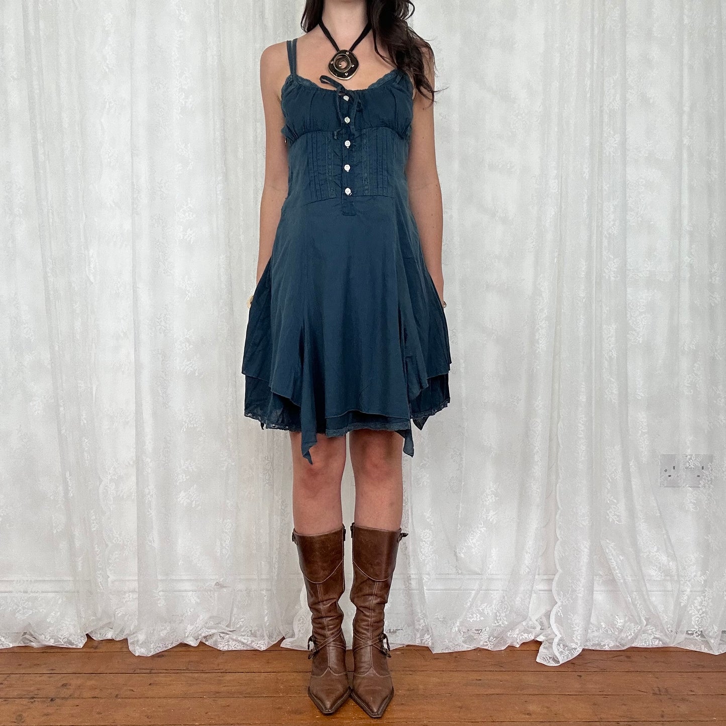 vintage 00s ink blue broderie midi dress