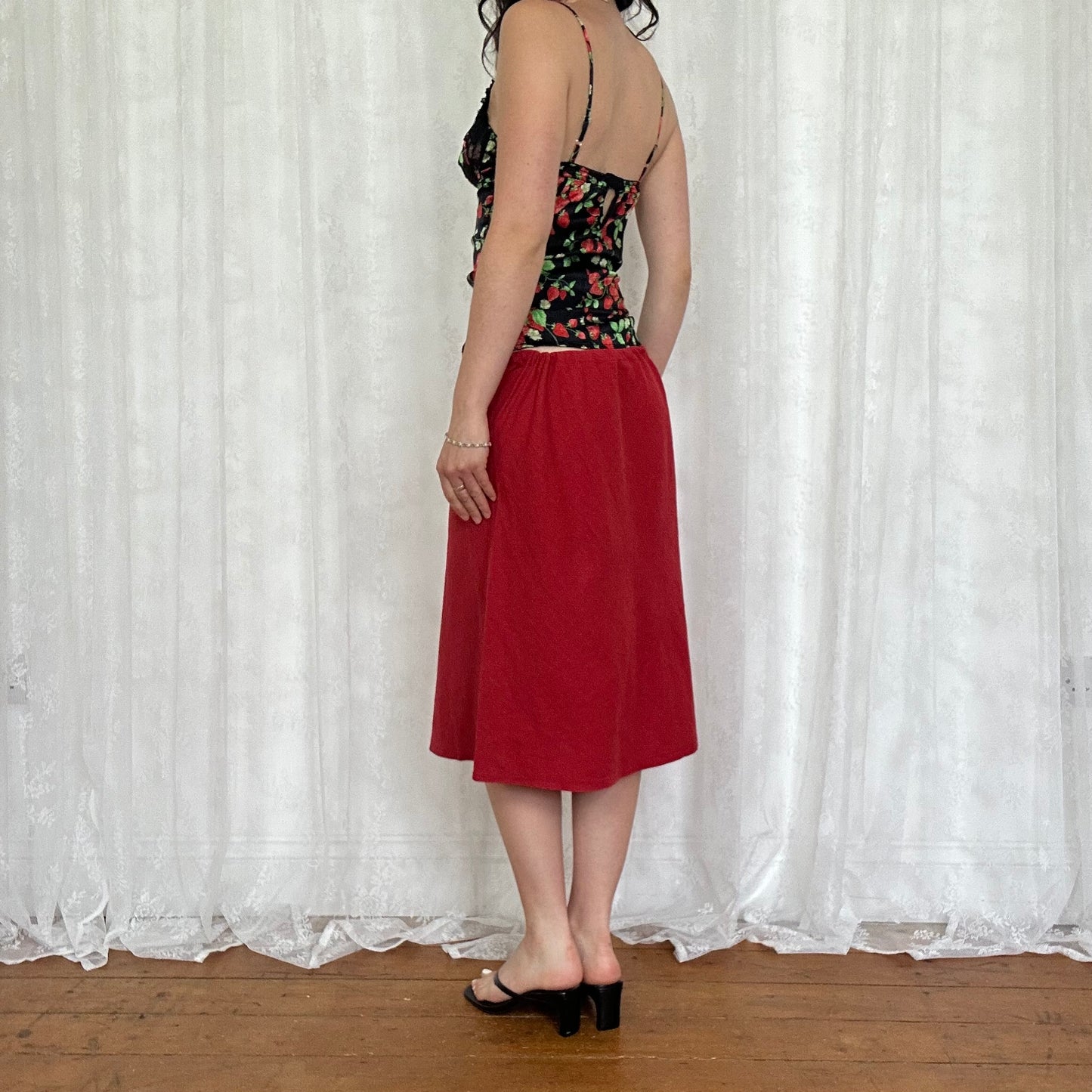 vintage 00s red linen midi skirt
