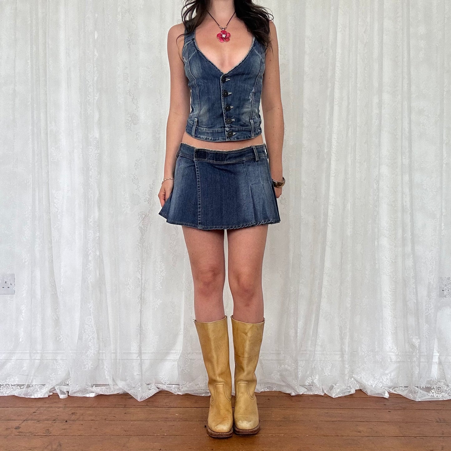 vintage 00s denim button up fitted waistcoat top