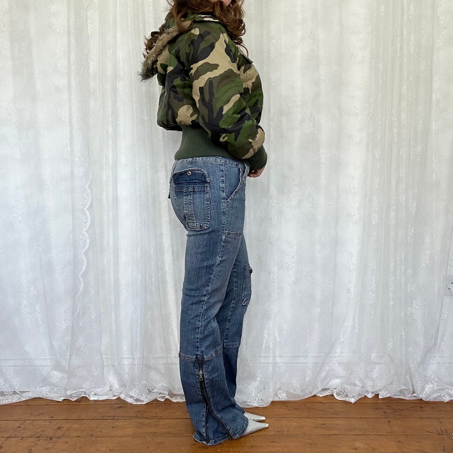 vintage 00s camo print hooded bomber jacket