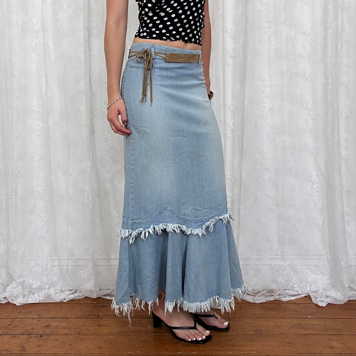 vintage 00s denim fishtail maxi skirt with attached belt