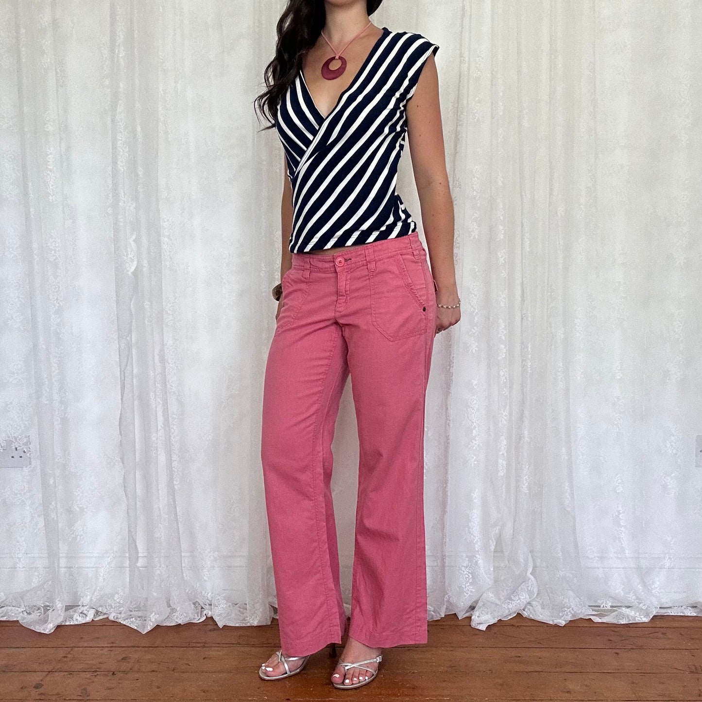 vintage 00s navy and white striped crossover top