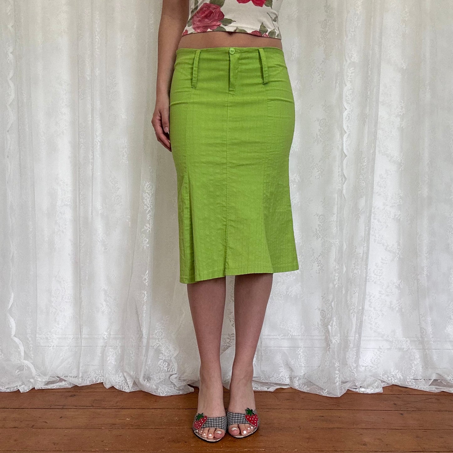 vintage 00s green fitted midi skirt