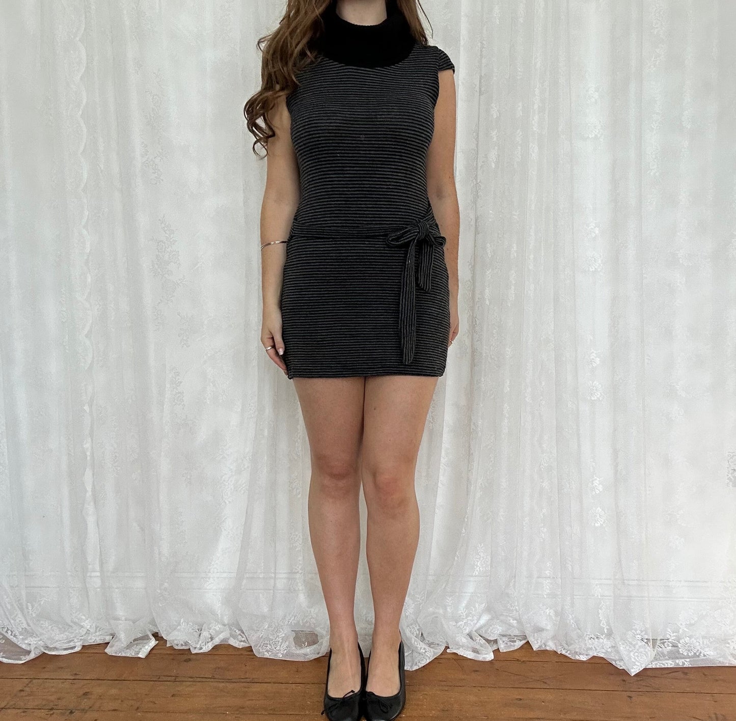 vintage 00s black and grey striped knitted mini dress