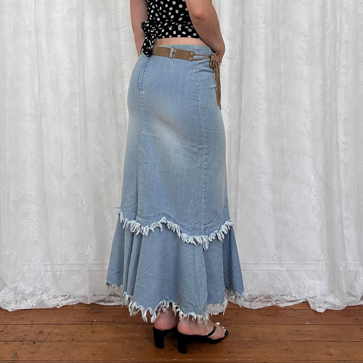 vintage 00s denim fishtail maxi skirt with attached belt