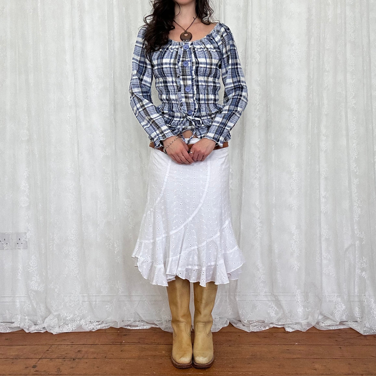 vintage 00s navy gingham milkmaid long sleeve top