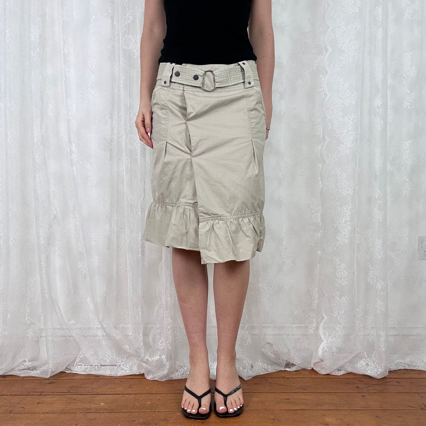 vintage 00s beige cargo midi skirt