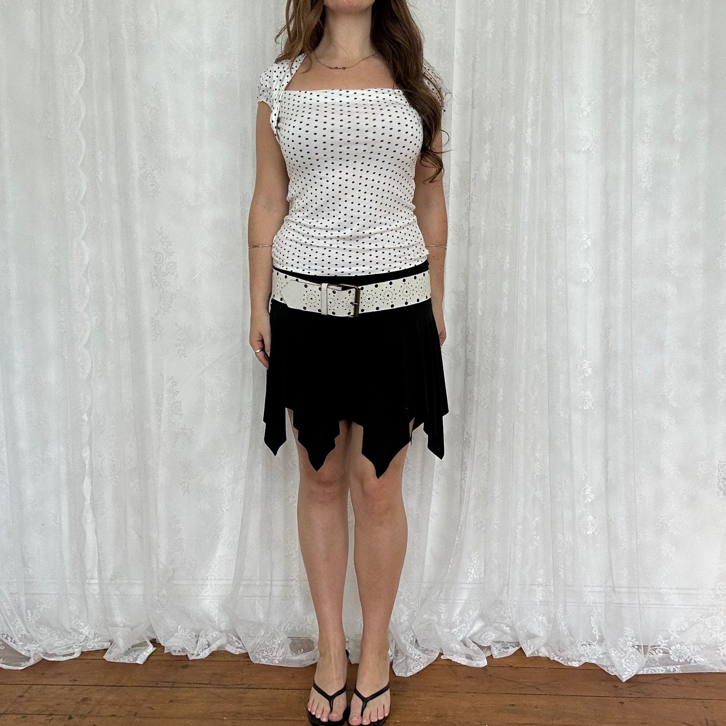vintage 00s black and white polka dot top with built in shrug