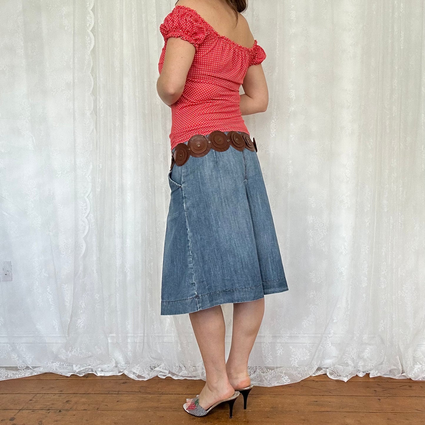 vintage 00s red polka dot sweetheart neckline top