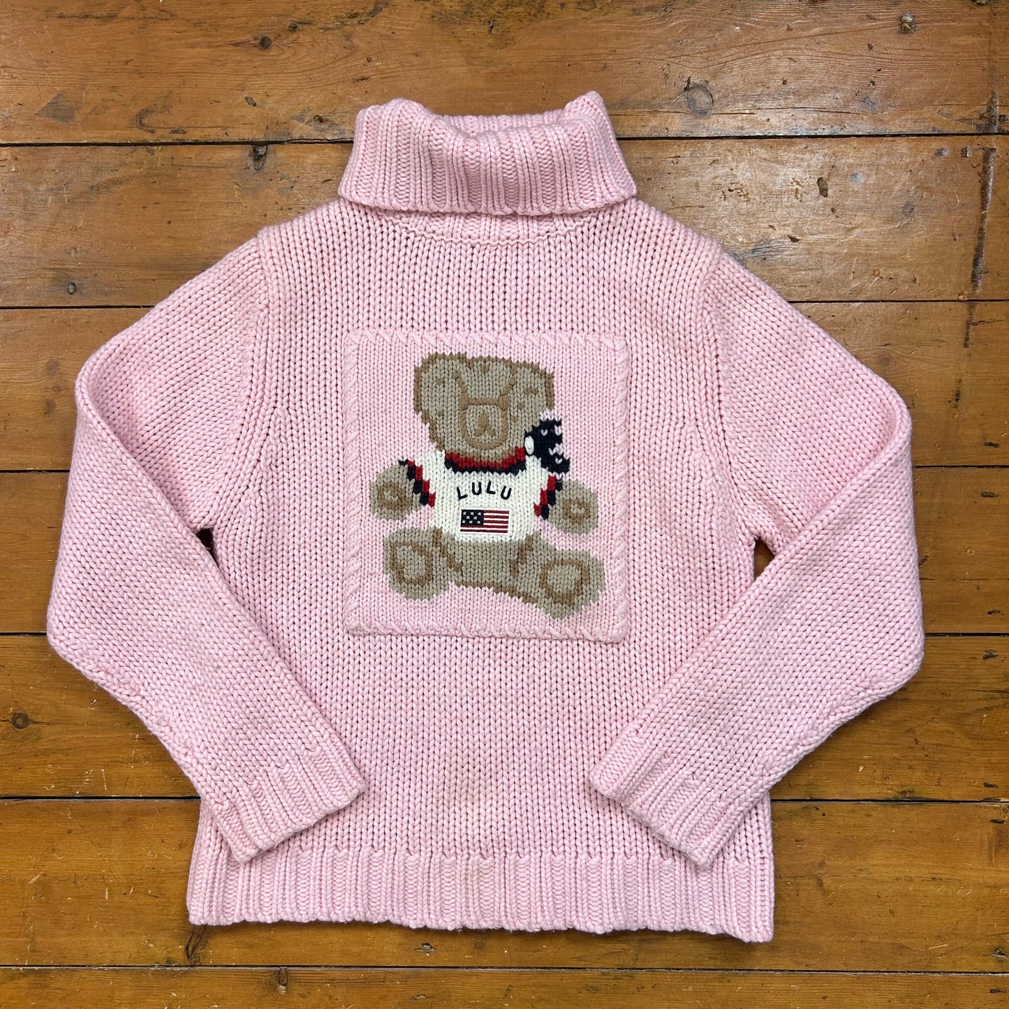 vintage 00s pink lulu castagnette knitted teddy bear jumper
