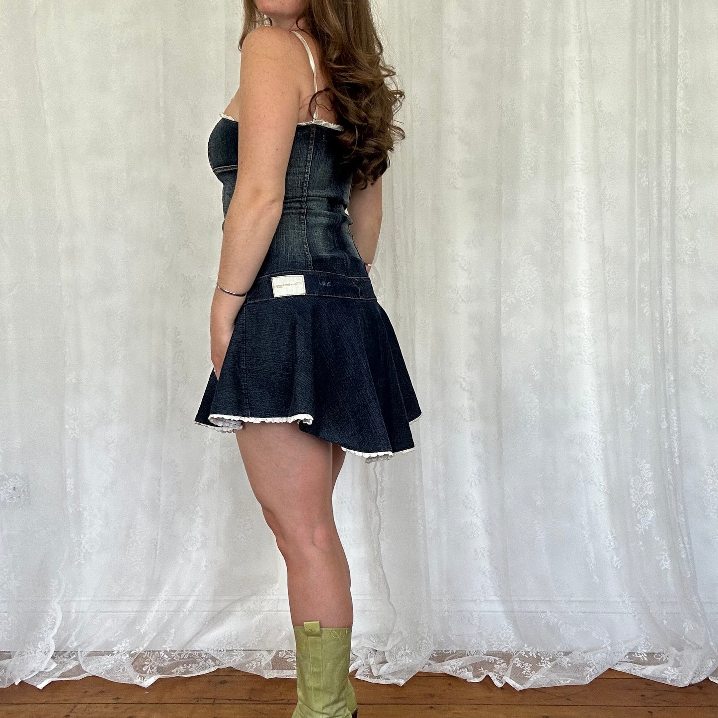 vintage 00s denim asymmetrical mini dress with lace trim