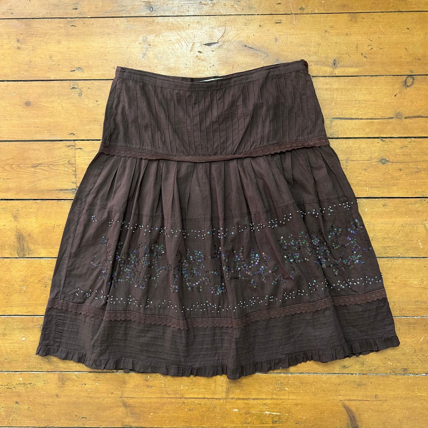 vintage 00s brown beaded tiered midi skirt