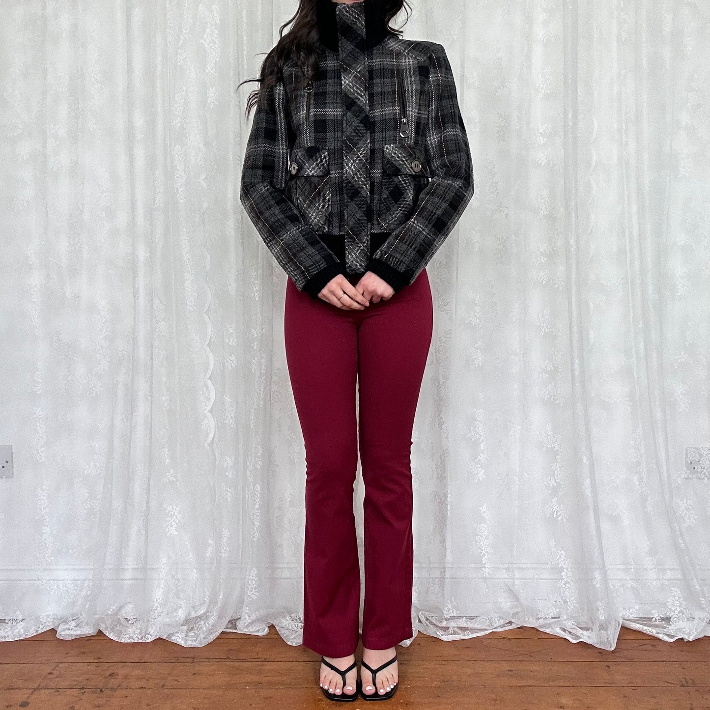 vintage 00s grey and black checkered wool bomber jacket