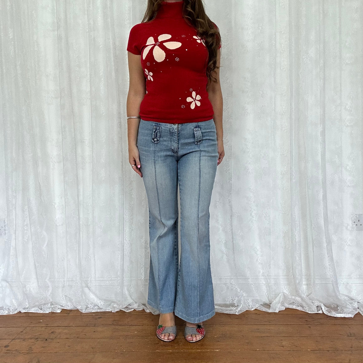 vintage 00s red short sleeve roll neck top