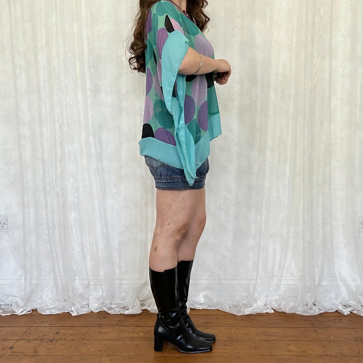 vintage 00s purple and blue patterned batwing top