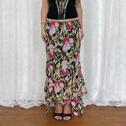 vintage 00s pink and black floral midi maxi skirt
