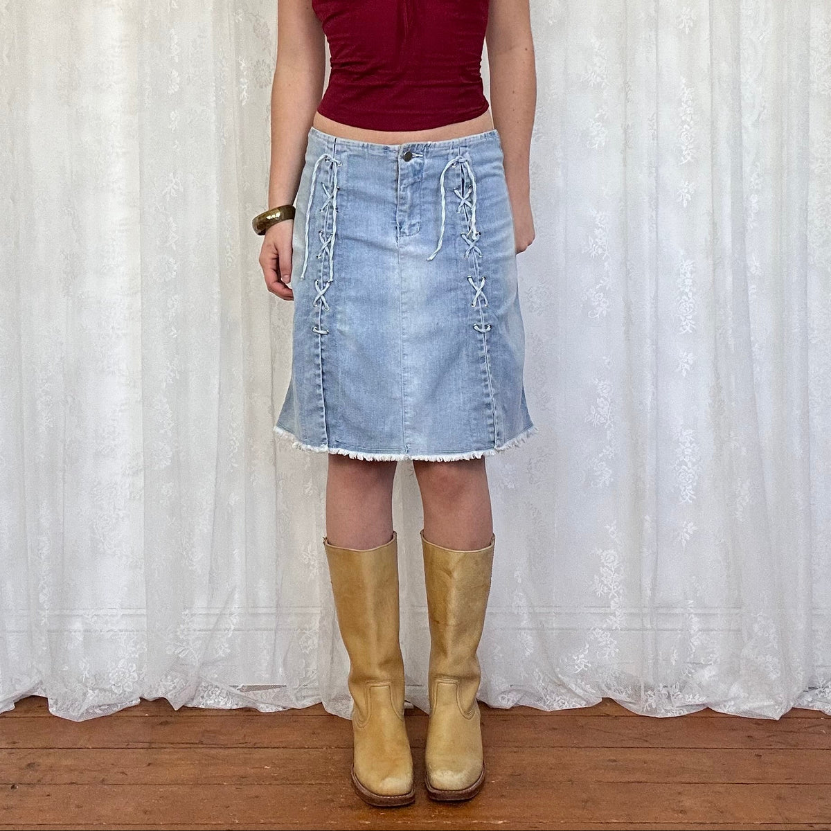vintage 00s denim lace up midi skirt with slits