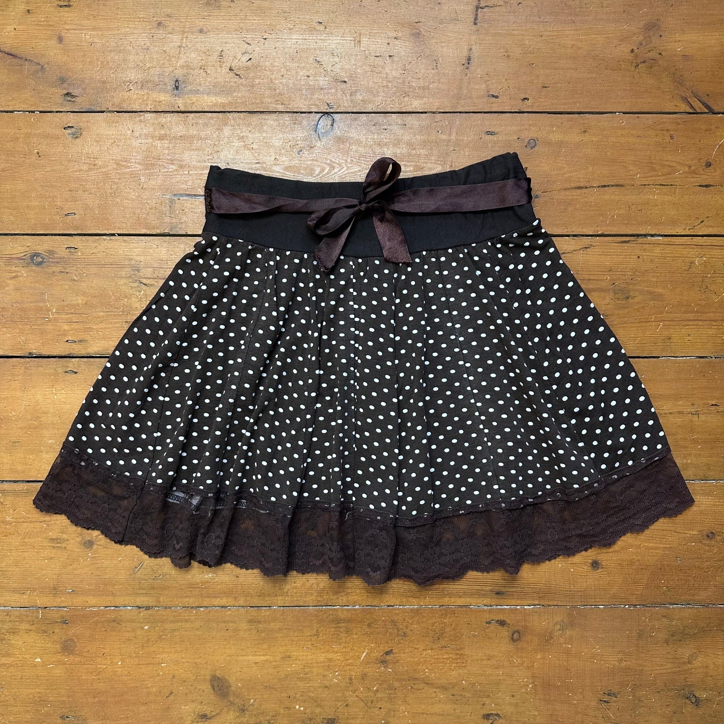 vintage 00s brown polka dot lace trim skirt
