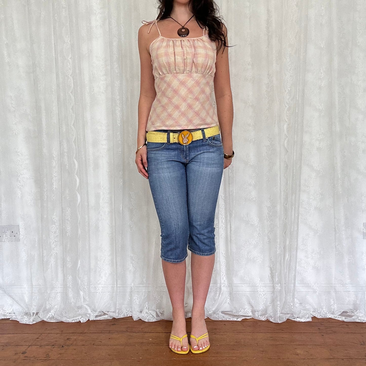vintage 00s cream and pink checkered cami