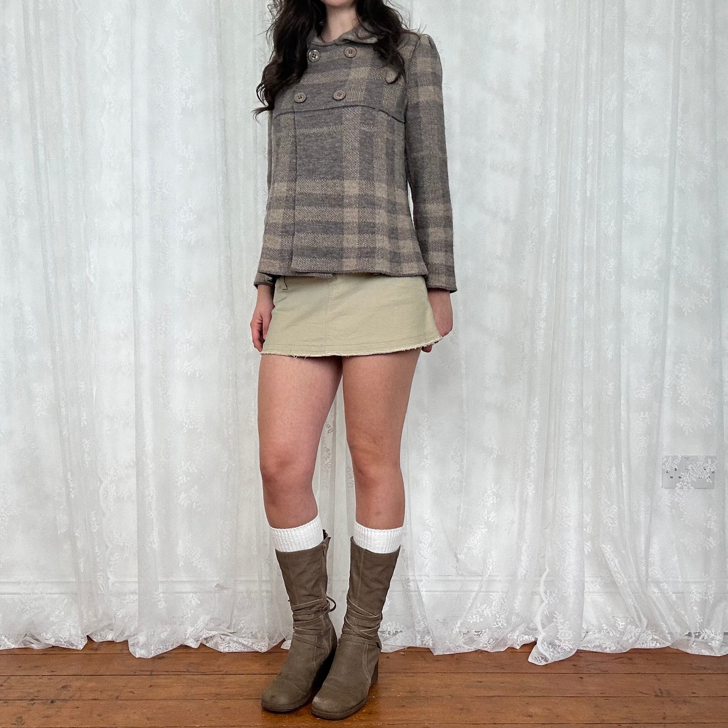 vintage 00s grey and beige knitted peacoat